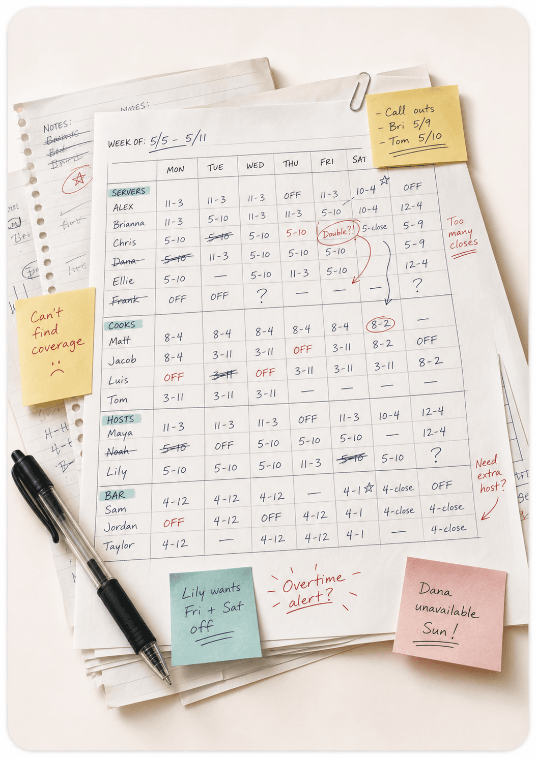 Messy handwritten restaurant staff schedule with crossed-out shifts, sticky notes, and a pen